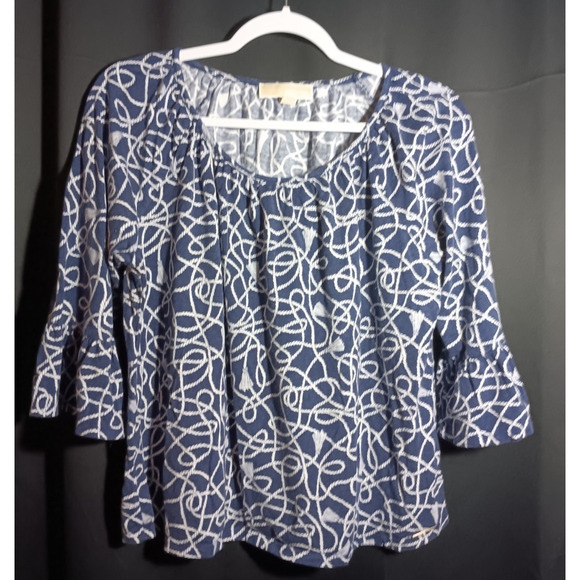 Michael Kors Tops - Michael Kors Blue Cotton Top Large Rope Tassel Graphic Flowy Nautical Shirt Bell